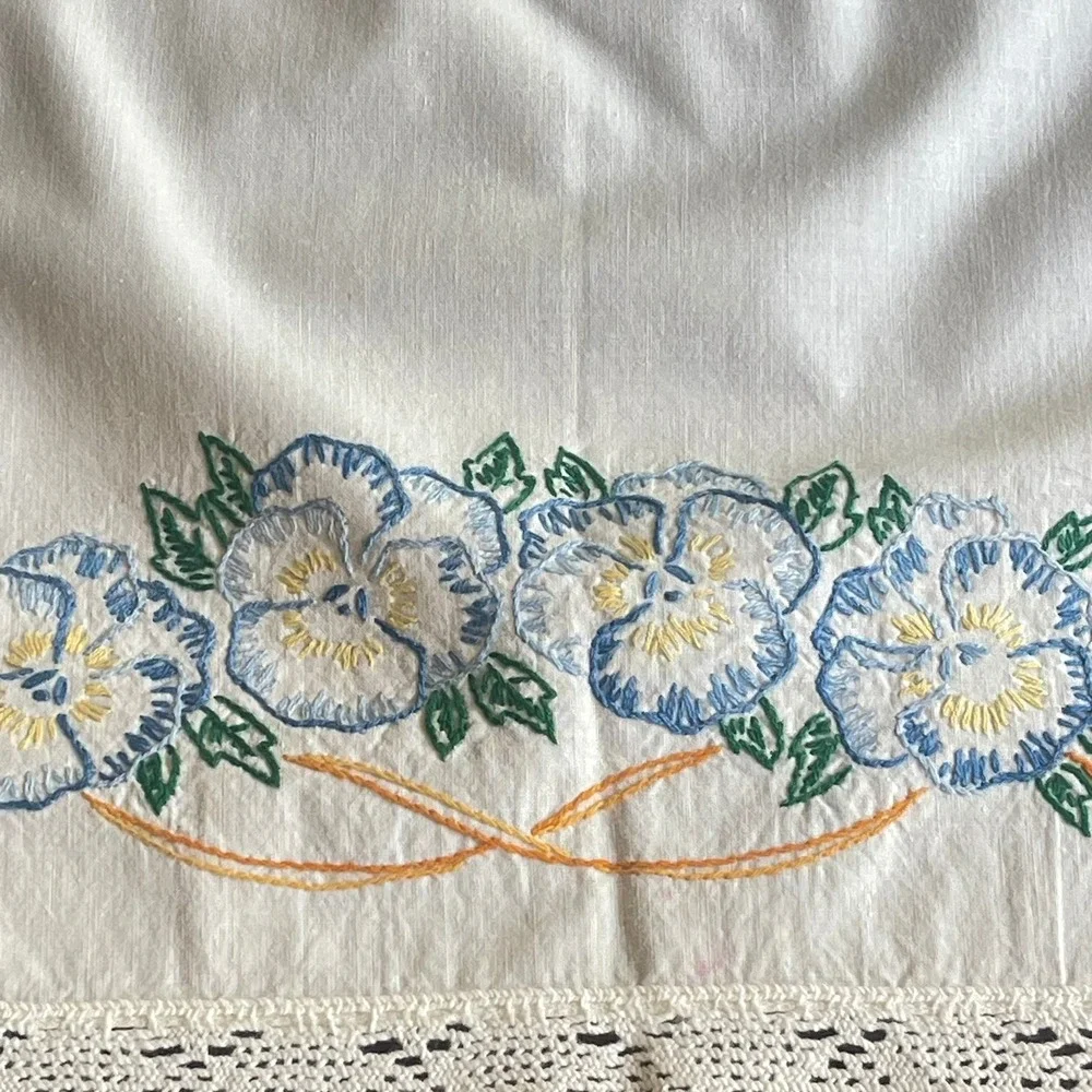 Vintage Hand Embroidered Blue Pansy Dresser Scarf White Lace Runner 36x15